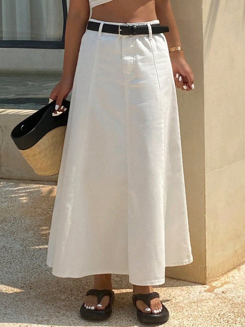 White Casual Women's Plain A-Line Denim Skirt - Picture 4 of 9